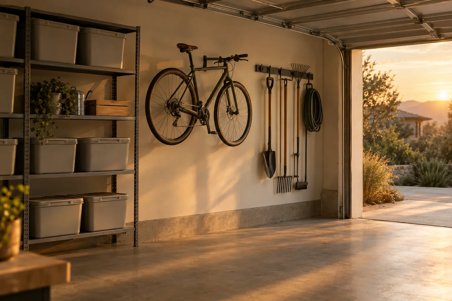 An organized garage wall with shelves, bins and a hanging bike