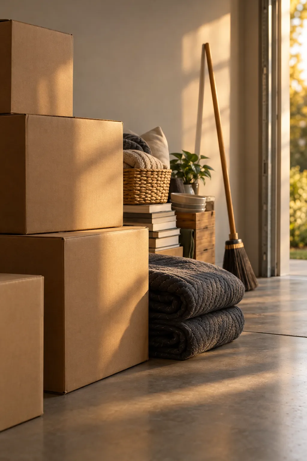 Boxes, blankets and a broom on a clean garage floor