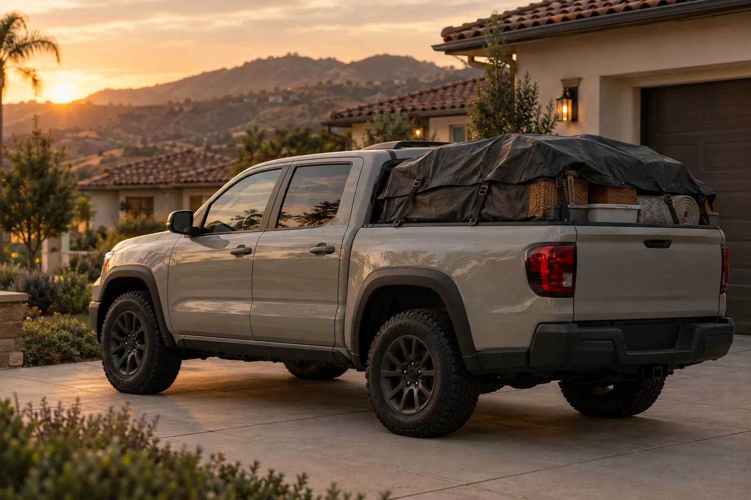 A pickup truck with a tarped load in a Santa Clarita driveway at dusk